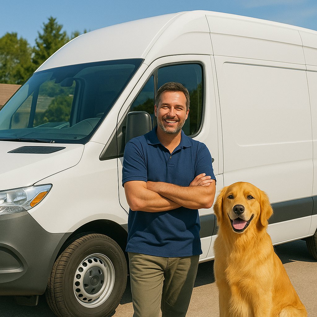 Mobile pet grooming franchise owner beside a grooming van