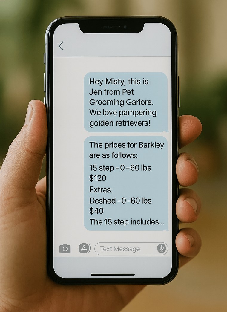 Text message automatically sent to a new lead with grooming prices